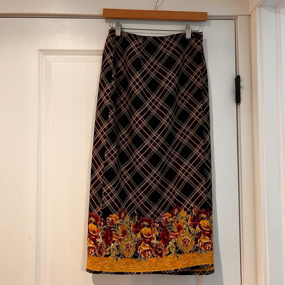 Chelsea‎ Campbell Plaid Floral Midi Wrap Skirt Women's 4 Preppy Heirloom
